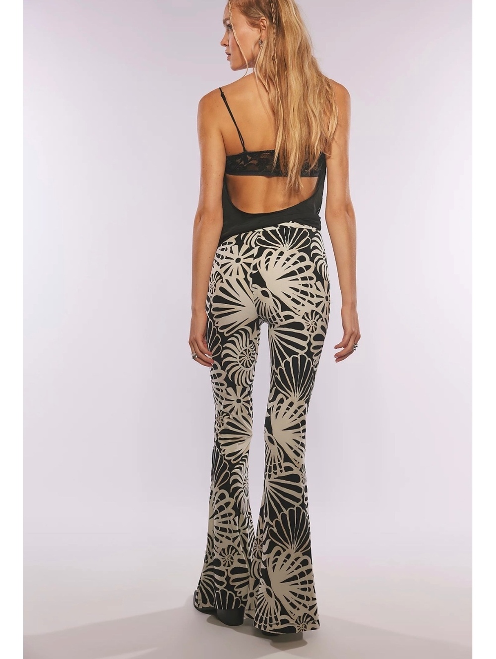 Free People XS Wildflower Print Flared Pants Black White Polyester Blend